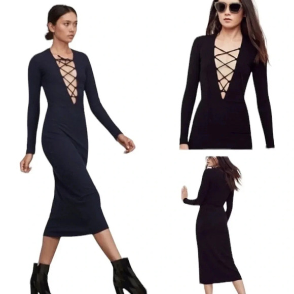 Reformation Edison Lace Up Rib Knit Midi Dress NAVY Blue Size XS - Picture 13 of 13